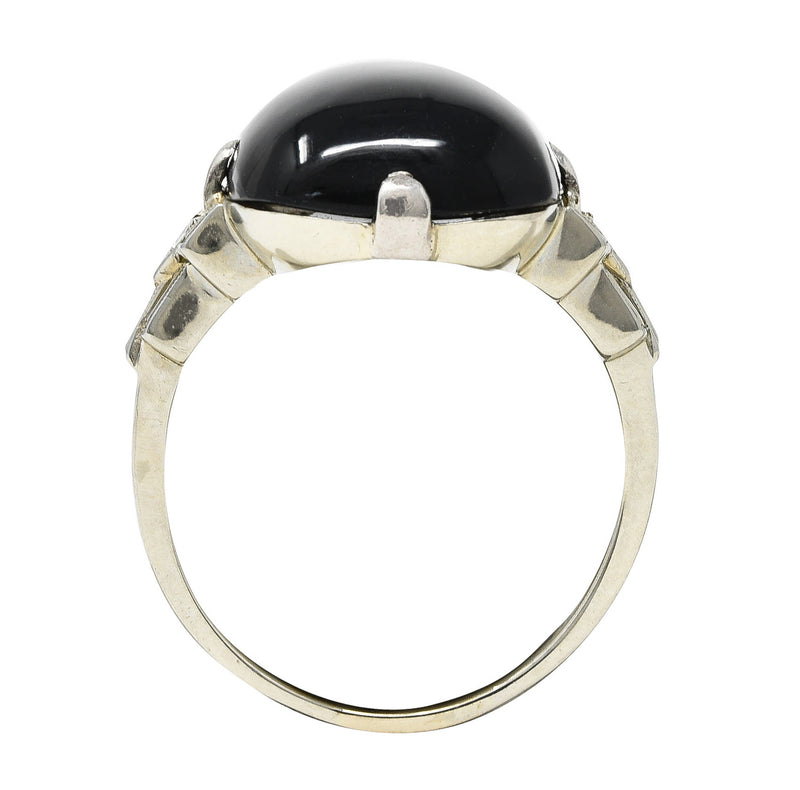 Felger Art Deco Cushion Onyx Diamond 14 Karat White Gold Stepped Shoulder Ring Wilson's Estate Jewelry