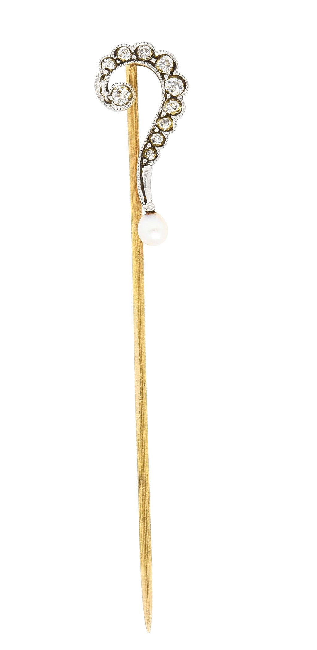 Edwardian Diamond Pearl Platinum-Topped 14 Karat Gold Antique Question Mark Stickpin Wilson's Estate Jewelry