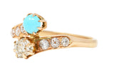 .11111 Victorian 0.46 CTW Old Mine & Old European Cut Diamond Turquoise 14 Karat Yellow Gold Toi Et Moi Antique Bypass Ring Wilson's Estate Jewelry