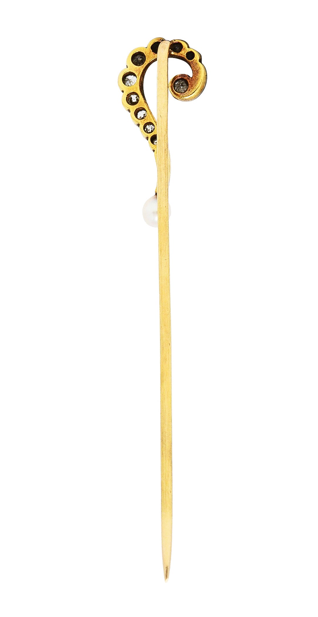Edwardian Diamond Pearl Platinum-Topped 14 Karat Gold Antique Question Mark Stickpin Wilson's Estate Jewelry