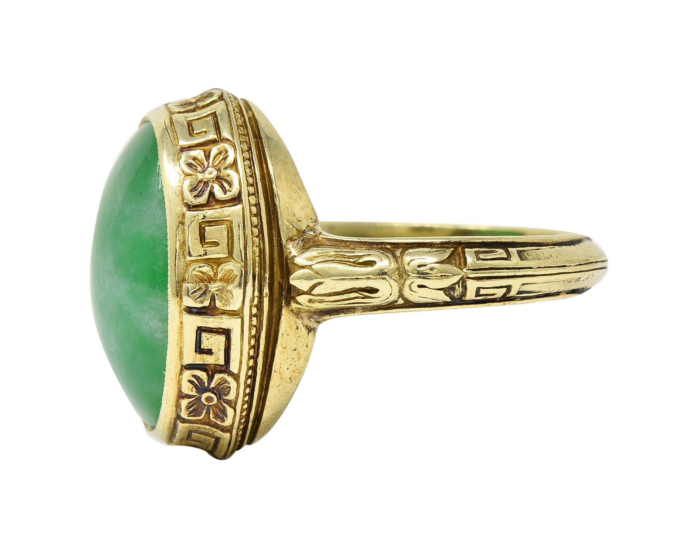Allsopp Bros. Art Deco Natural Jade 14 Karat Yellow Gold Orange Blossom Ring GIA