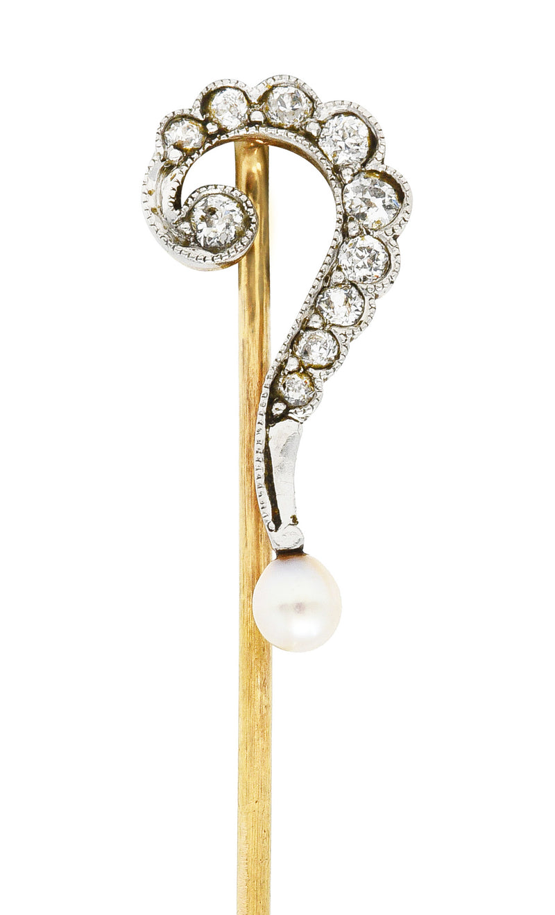 Edwardian Diamond Pearl Platinum-Topped 14 Karat Gold Antique Question Mark Stickpin Wilson's Estate Jewelry