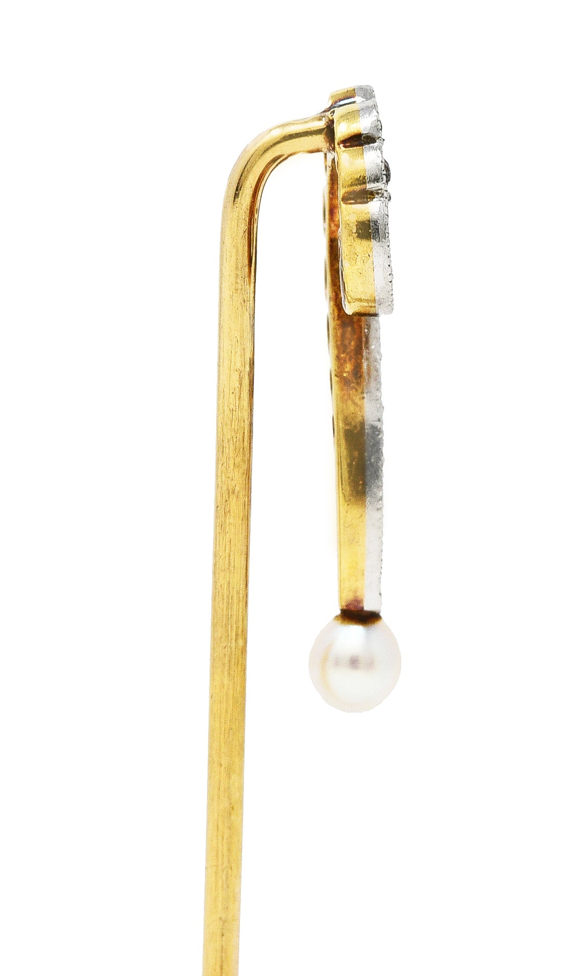 Edwardian Diamond Pearl Platinum-Topped 14 Karat Gold Antique Question Mark Stickpin Wilson's Estate Jewelry