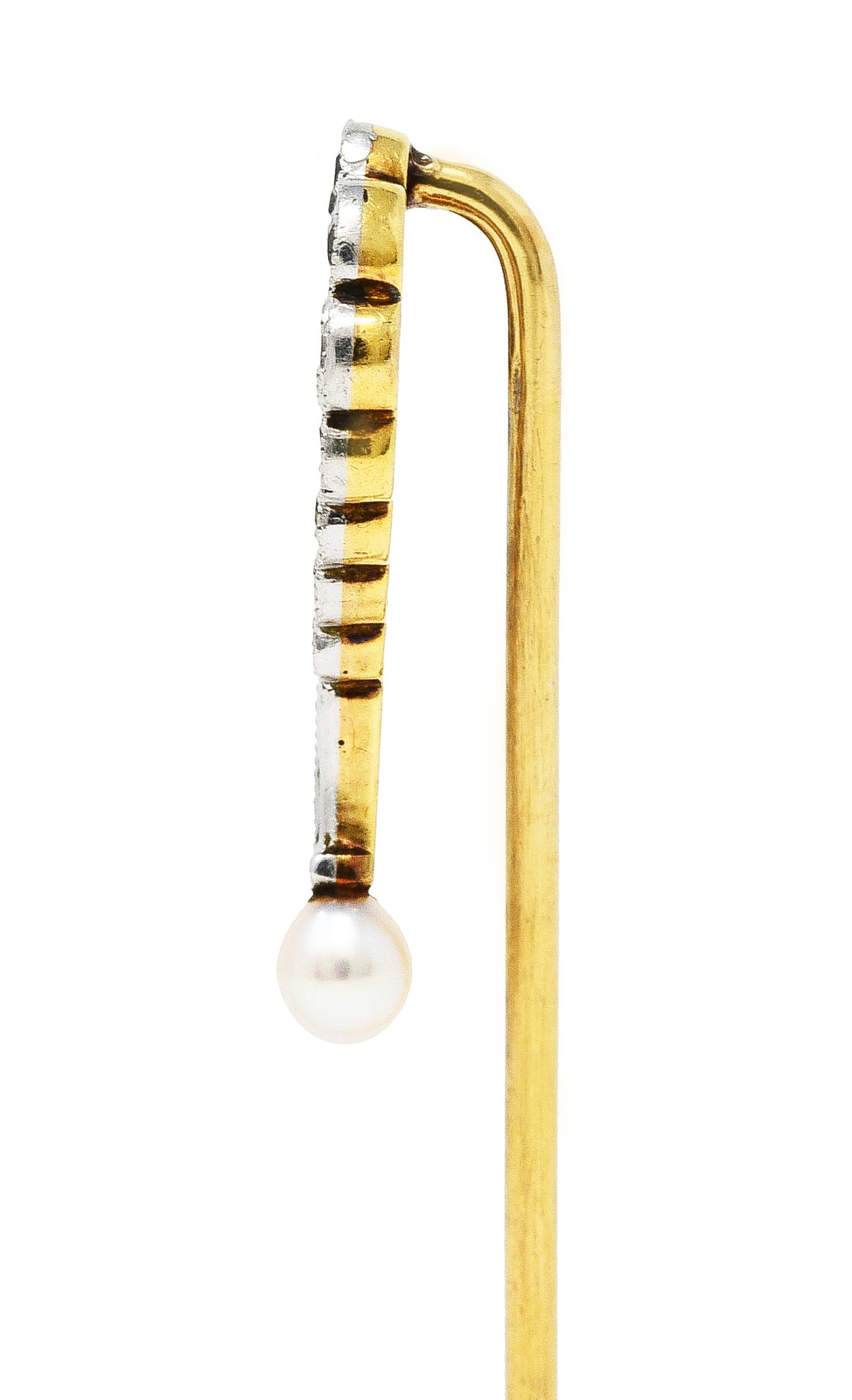 Edwardian Diamond Pearl Platinum-Topped 14 Karat Gold Antique Question Mark Stickpin Wilson's Estate Jewelry