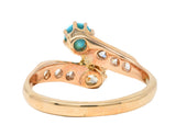 .11111 Victorian 0.46 CTW Old Mine & Old European Cut Diamond Turquoise 14 Karat Yellow Gold Toi Et Moi Antique Bypass Ring Wilson's Estate Jewelry