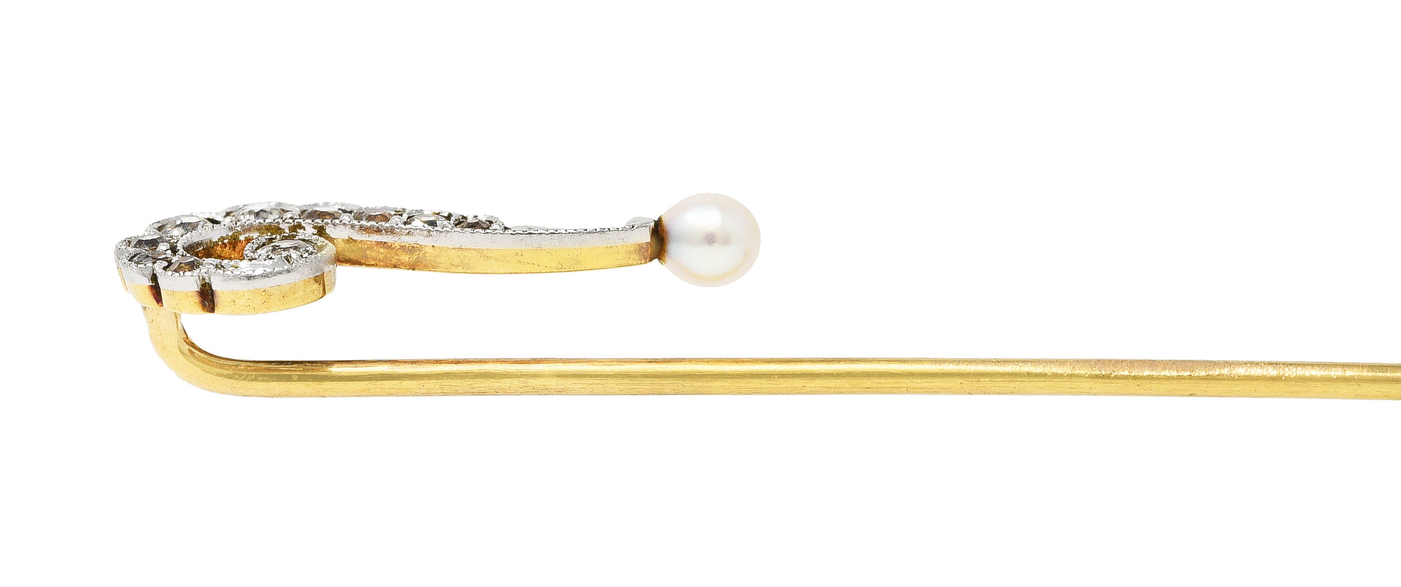 Edwardian Diamond Pearl Platinum-Topped 14 Karat Gold Antique Question Mark Stickpin Wilson's Estate Jewelry