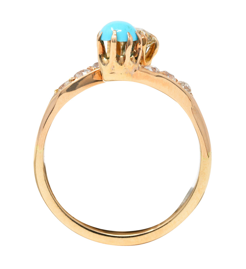 .11111 Victorian 0.46 CTW Old Mine & Old European Cut Diamond Turquoise 14 Karat Yellow Gold Toi Et Moi Antique Bypass Ring Wilson's Estate Jewelry