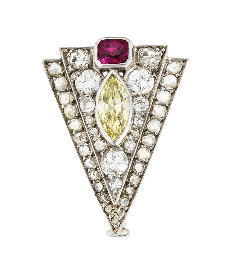 Art Deco Boucheron Paris 1.50 CTW Ruby Diamond Platinum Triangle Unisex Clip BroochBrooch - Wilson's Estate Jewelry