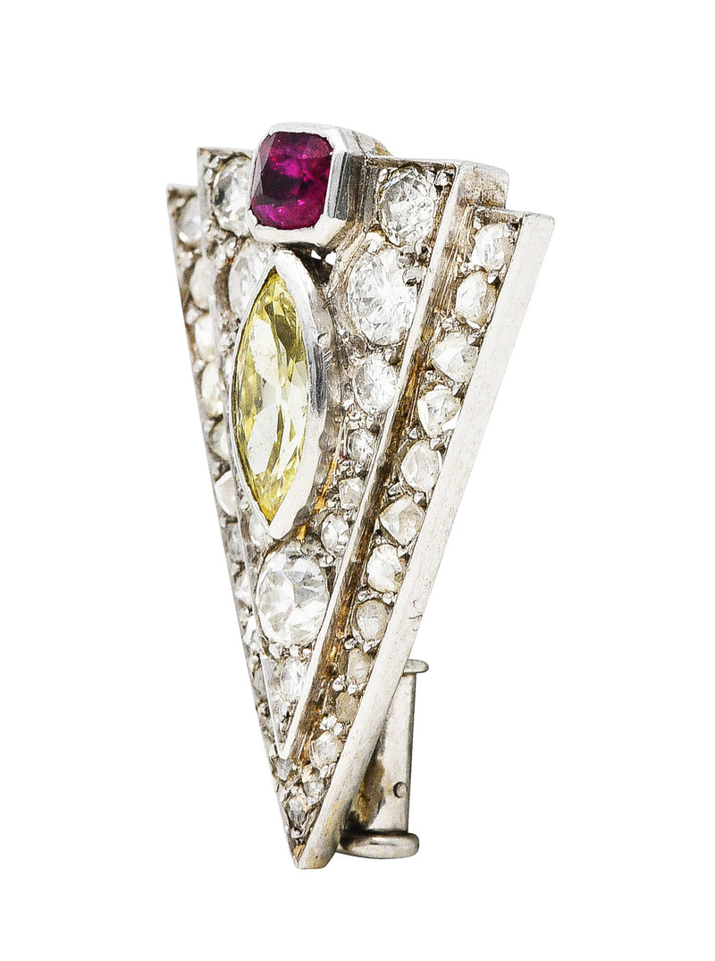Art Deco Boucheron Paris 1.50 CTW Ruby Diamond Platinum Triangle Unisex Clip BroochBrooch - Wilson's Estate Jewelry