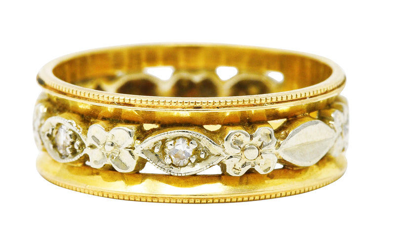 Art Deco Diamond 14 Karat Two-Tone Gold Floral Band Ring Wilson's Estate Jewelry