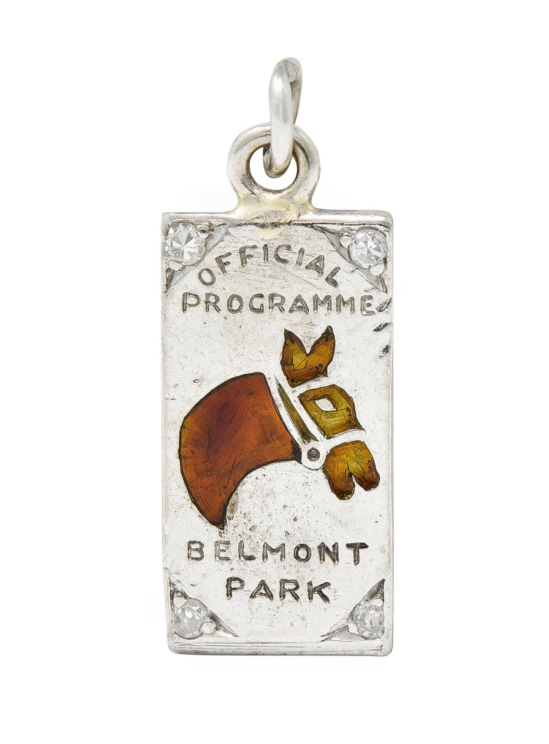 Edwardian Diamond Enamel Platinum Belmont Park Antique Horse Race Program Charm