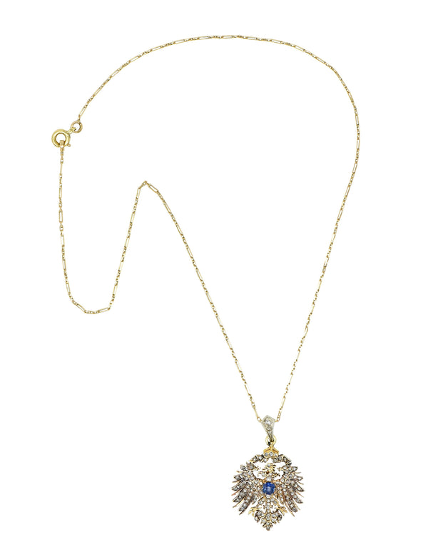 Victorian Diamond Sapphire 14 Karat Gold Prussian Eagle Antique Pendant Necklace