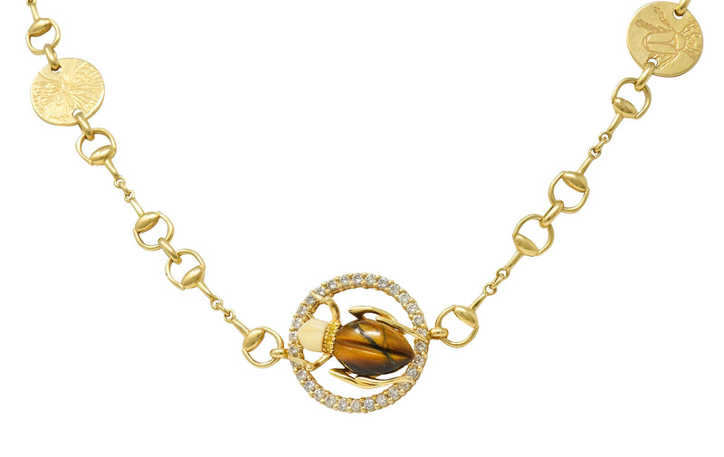 Gucci 2010 Diamond Tiger's Eye 18 Karat Yellow Gold Beetle Horsebit Necklace