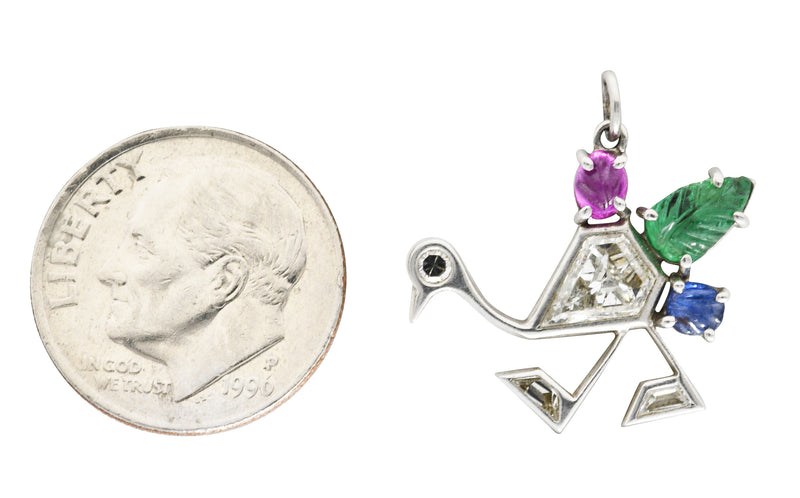 Art Deco 1.22 CTW Diamond Mughal Carved Sapphire Emerald Ruby Platinum Peacock Charm Wilson's Estate Jewelry