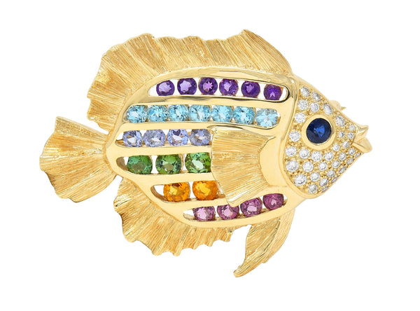 Diamond Sapphire Topaz Citrine Multi-Gem 14 Karat Gold Vintage Fish Brooch