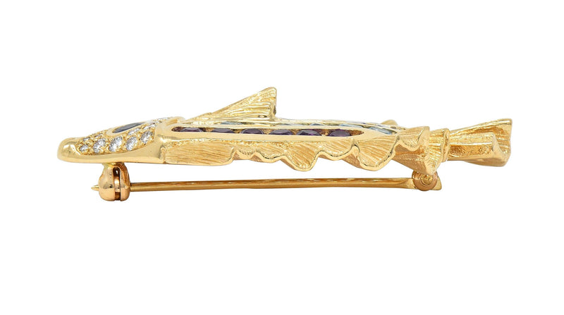 Diamond Sapphire Topaz Citrine Multi-Gem 14 Karat Gold Vintage Fish Brooch