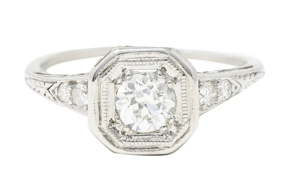 Art Deco 0.46 CTW Old European Cut Diamond Platinum Oak Leaf Engagement Ring Wilson's Estate Jewelry