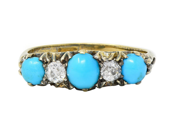 Victorian Turquoise Diamond 18 Karat Yellow Gold Scrolling Antique Band Ring