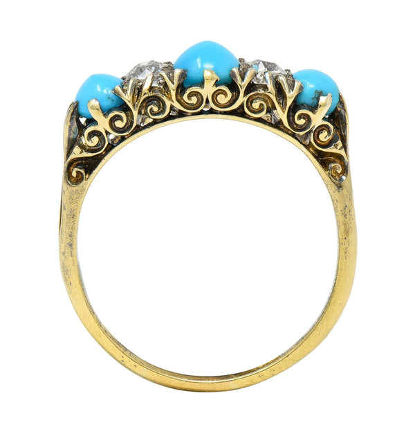 Victorian Turquoise Diamond 18 Karat Yellow Gold Scrolling Antique Band Ring