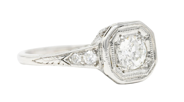 Art Deco 0.46 CTW Old European Cut Diamond Platinum Oak Leaf Engagement Ring Wilson's Estate Jewelry