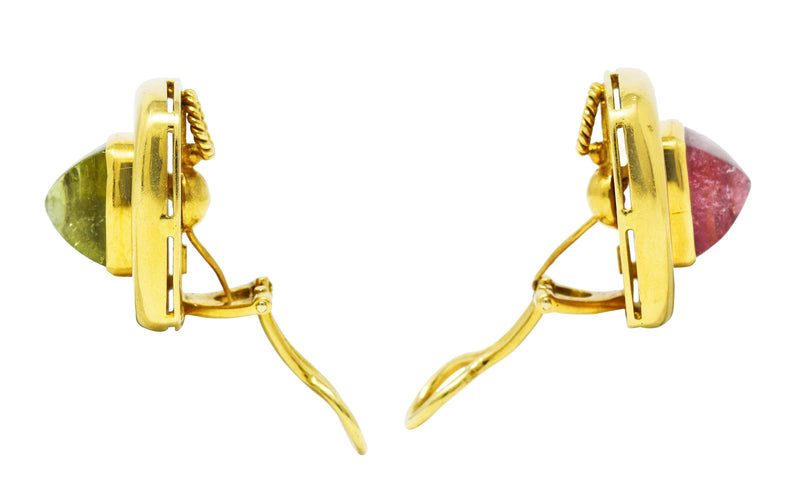 Elizabeth Locke Pink & Green Tourmaline 18 Karat Yellow Gold Vintage Gemstone Cabochon Earrings Wilson's Estate Jewelry