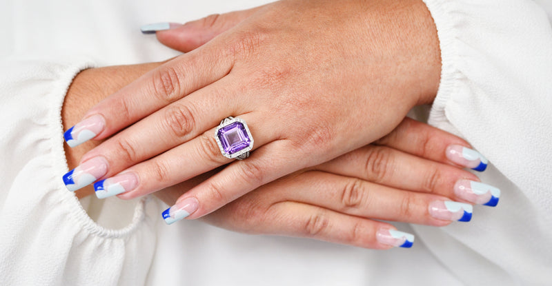 Contemporary Amethyst Diamond 18 Karat White Gold Greek Key RingRing - Wilson's Estate Jewelry