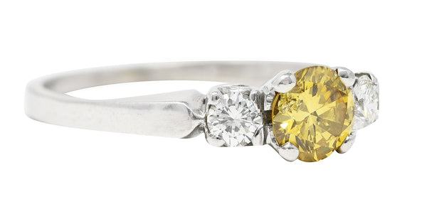 Mid-Century 0.74 CTW Fancy Yellow Transitional Cut Diamond Three Stone Vintage Engagement Ring GIA Wilson's Estate Jewelry