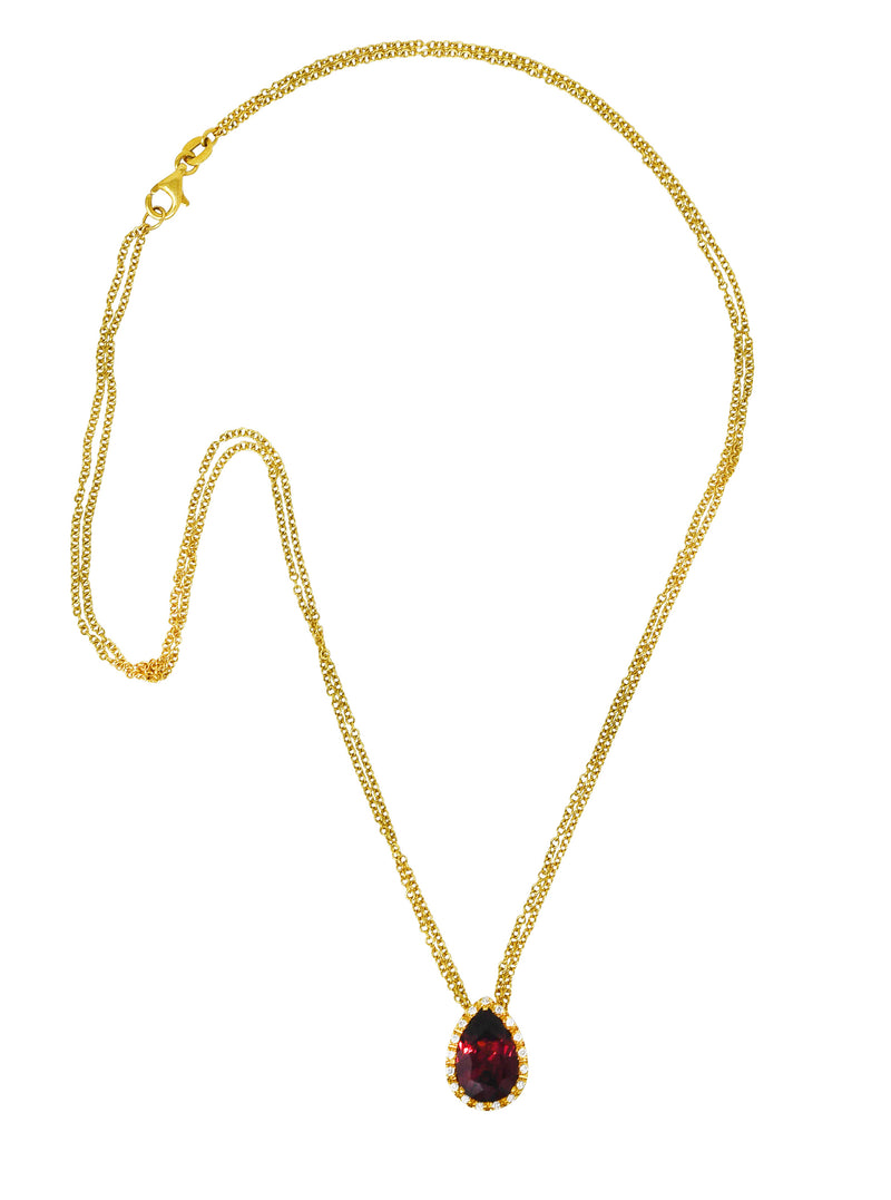 Contemporary 3.74 CTW Pear Cut Garnet Diamond 18 Karat Yellow Gold Teardrop Pendant Necklace Wilson's Estate Jewelry
