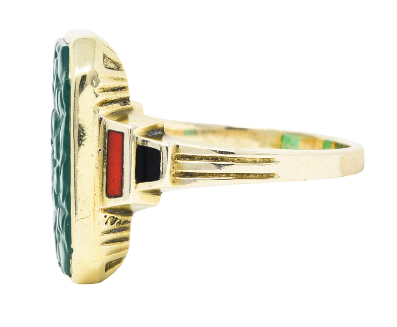 Allsopp Bros. Art Deco Chrysoprase Enamel 10 Karat Gold Carved Floral RingRing - Wilson's Estate Jewelry