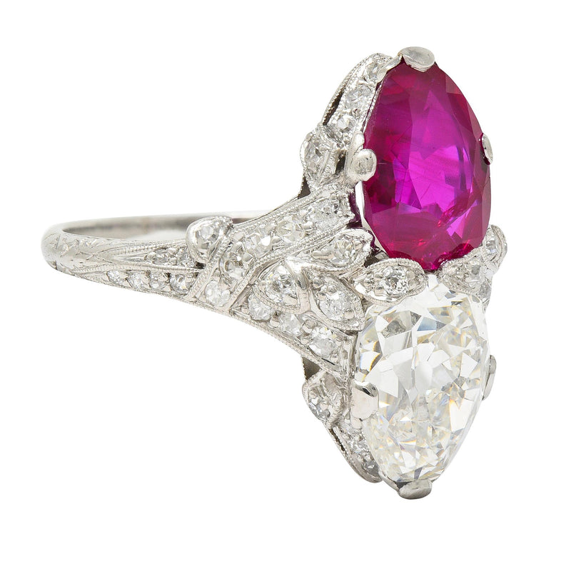 Art Deco Diamond No Heat Burma Ruby Platinum Toi-Et-Moi Antique Ring GIA AGL