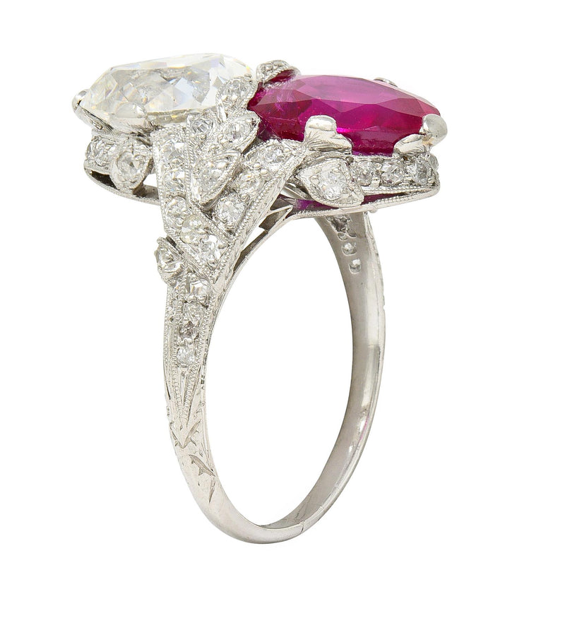 Art Deco Diamond No Heat Burma Ruby Platinum Toi-Et-Moi Antique Ring GIA AGL