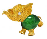 1960's Diamond Basse-Taille Enamel 18 Karat Yellow Gold Elephant Brooch