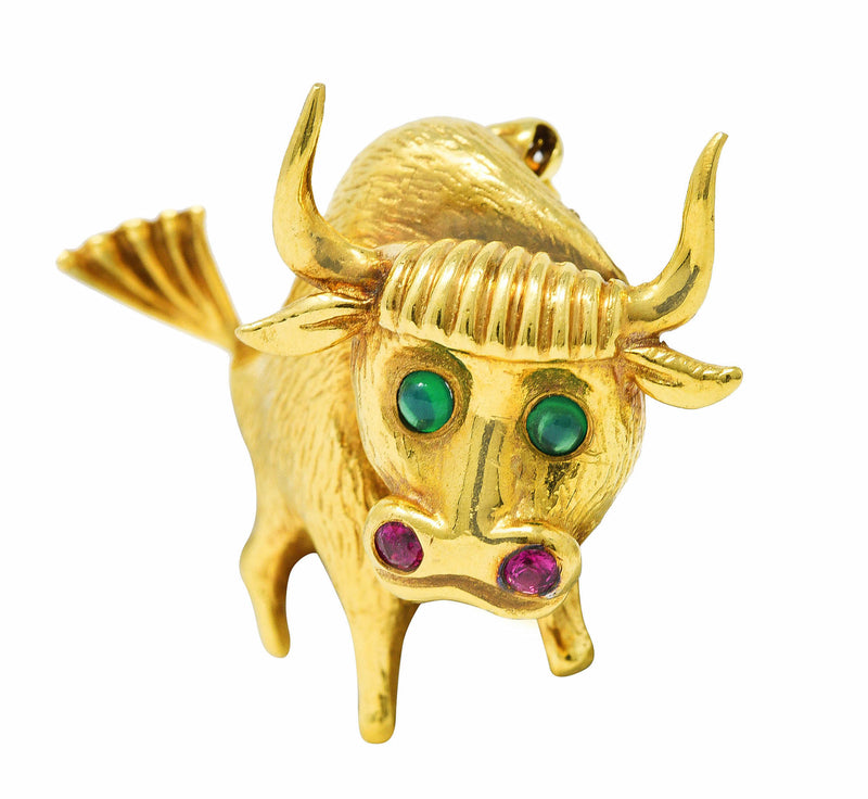 1960's Ruby Emerald 18 Karat Yellow Gold Bull Vintage Brooch Wilson's Estate Jewelry