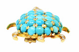 1960's Portuguese Diamond Turquoise 18 Karat Yellow Gold Vintage Turtle Brooch Wilson's Estate Jewelry