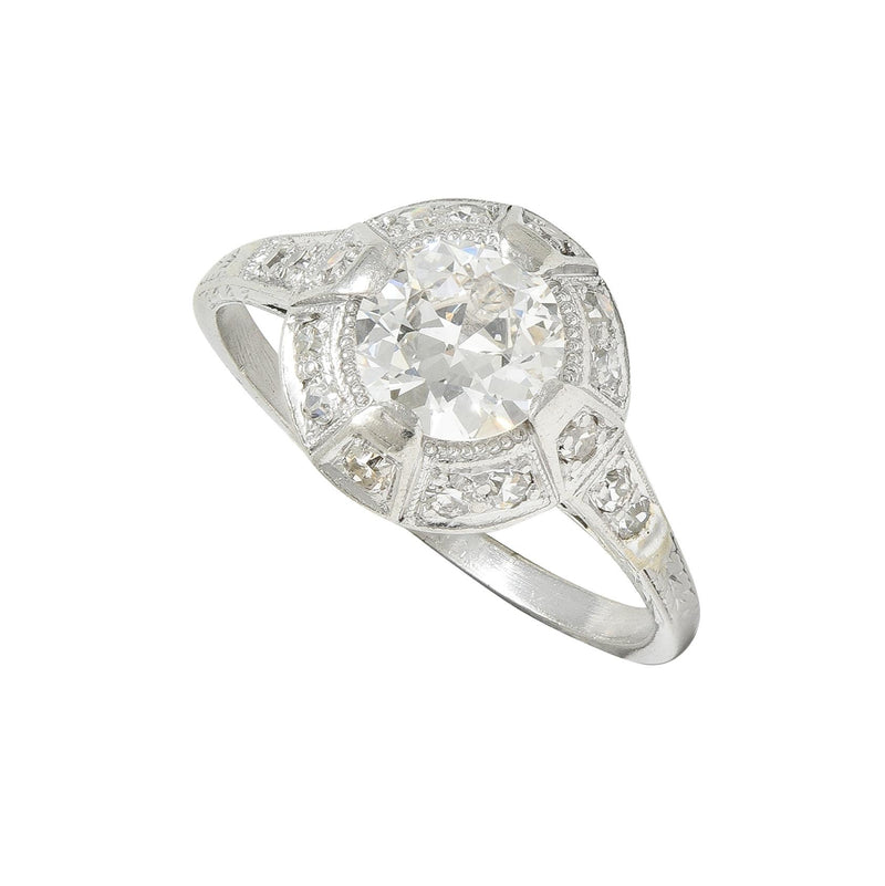 Art Deco 1.32 CTW Old European Cut Diamond Platinum Halo Vintage Engagement Ring