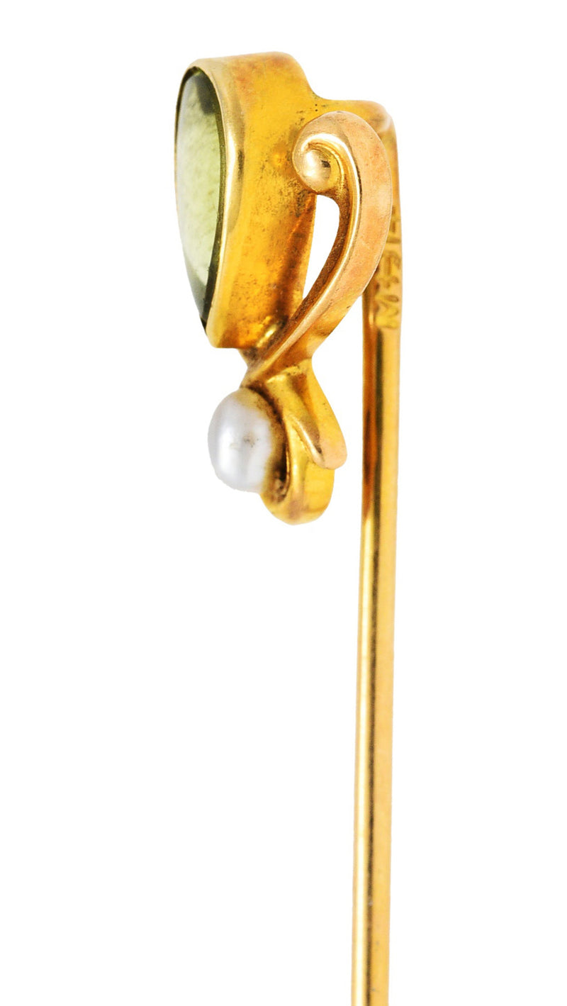 Moore & Son Art Nouveau Peridot Pearl 14 Karat Yellow Gold StickpinStick Pin - Wilson's Estate Jewelry