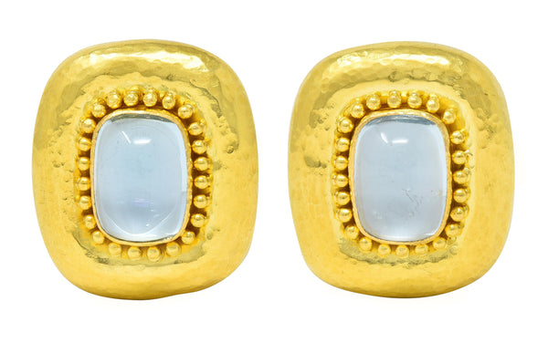 Elizabeth Locke Aquamarine Cabochon 18 Karat Yellow Gold Hammered Earrings