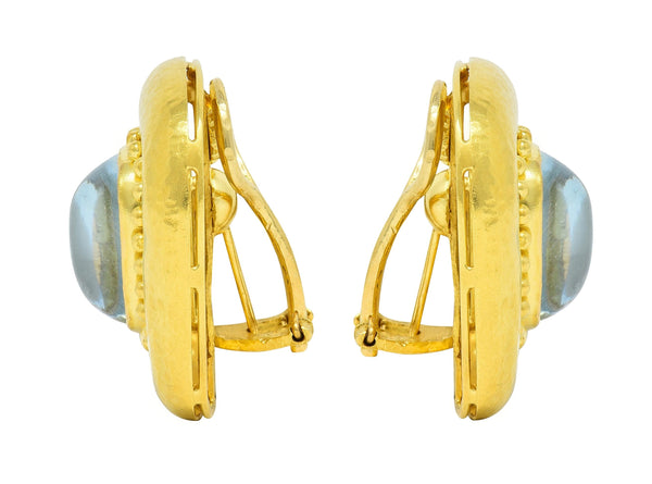 Elizabeth Locke Aquamarine Cabochon 18 Karat Yellow Gold Hammered Earrings