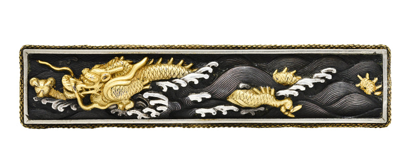 Victorian Silver 18 Karat Gold Mixed Metal Shakudo Ryujin Dragon Bar BroochBrooch - Wilson's Estate Jewelry