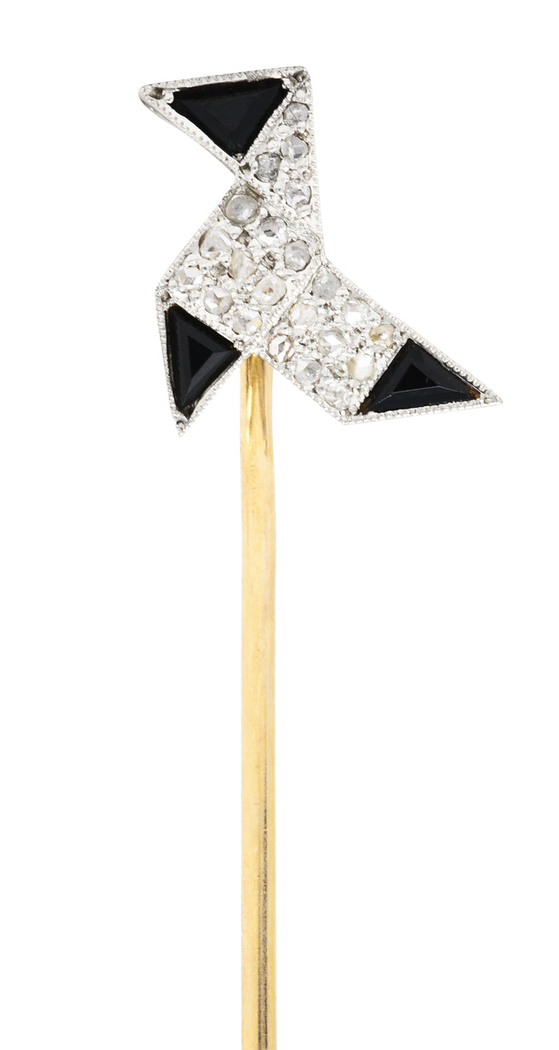 Art Deco Diamond Onyx Platinum 18 Karat Gold Origami Bird StickpinStick Pin - Wilson's Estate Jewelry