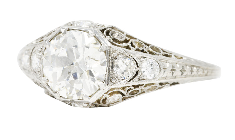 Early Art Deco 1.92 CTW Diamond Platinum Scrolled Filigree Engagement Ring Wilson's Estate Jewelry