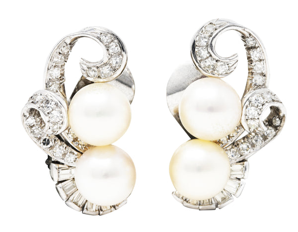 .11111 Mid-Century Pearl Diamond 14 Karat White Gold Scrolling Ear-Clip EarringsEarrings - Wilson's Estate Jewelry