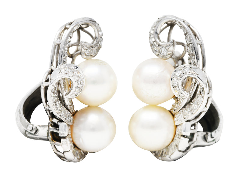 .11111 Mid-Century Pearl Diamond 14 Karat White Gold Scrolling Ear-Clip EarringsEarrings - Wilson's Estate Jewelry