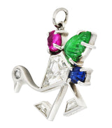 Art Deco 1.22 CTW Diamond Mughal Carved Sapphire Emerald Ruby Platinum Peacock Charm Wilson's Estate Jewelry