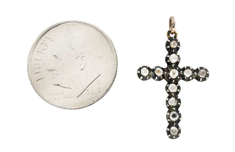 1850's Georgian Rose Cut Diamond Silver-Topped 14 Karat Gold Cross Charm PendantNecklace - Wilson's Estate Jewelry