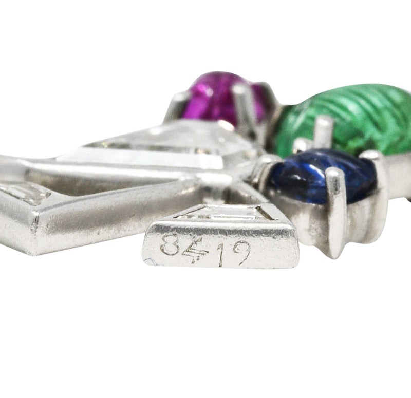 Art Deco 1.22 CTW Diamond Mughal Carved Sapphire Emerald Ruby Platinum Peacock Charm Wilson's Estate Jewelry