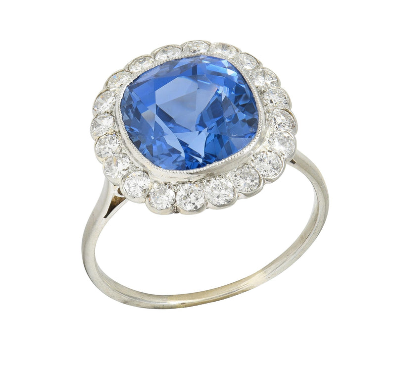 Art Deco 9.87 CTW No Heat Ceylon Sapphire Diamond Platinum Vintage Halo Ring