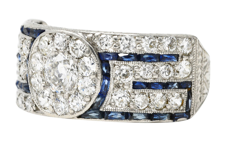 Art Deco 1.78 CTW Old European Cut Diamond Sapphire Greek Key Band Ring Wilson's Estate Jewelry