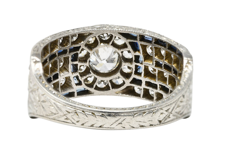 Art Deco 1.78 CTW Old European Cut Diamond Sapphire Greek Key Band Ring Wilson's Estate Jewelry