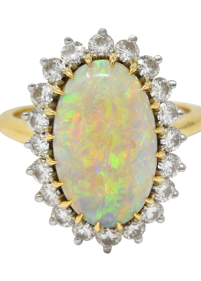Mid-Century Vintage Opal Diamond Platinum 18 Karat Yellow Gold Halo Ring